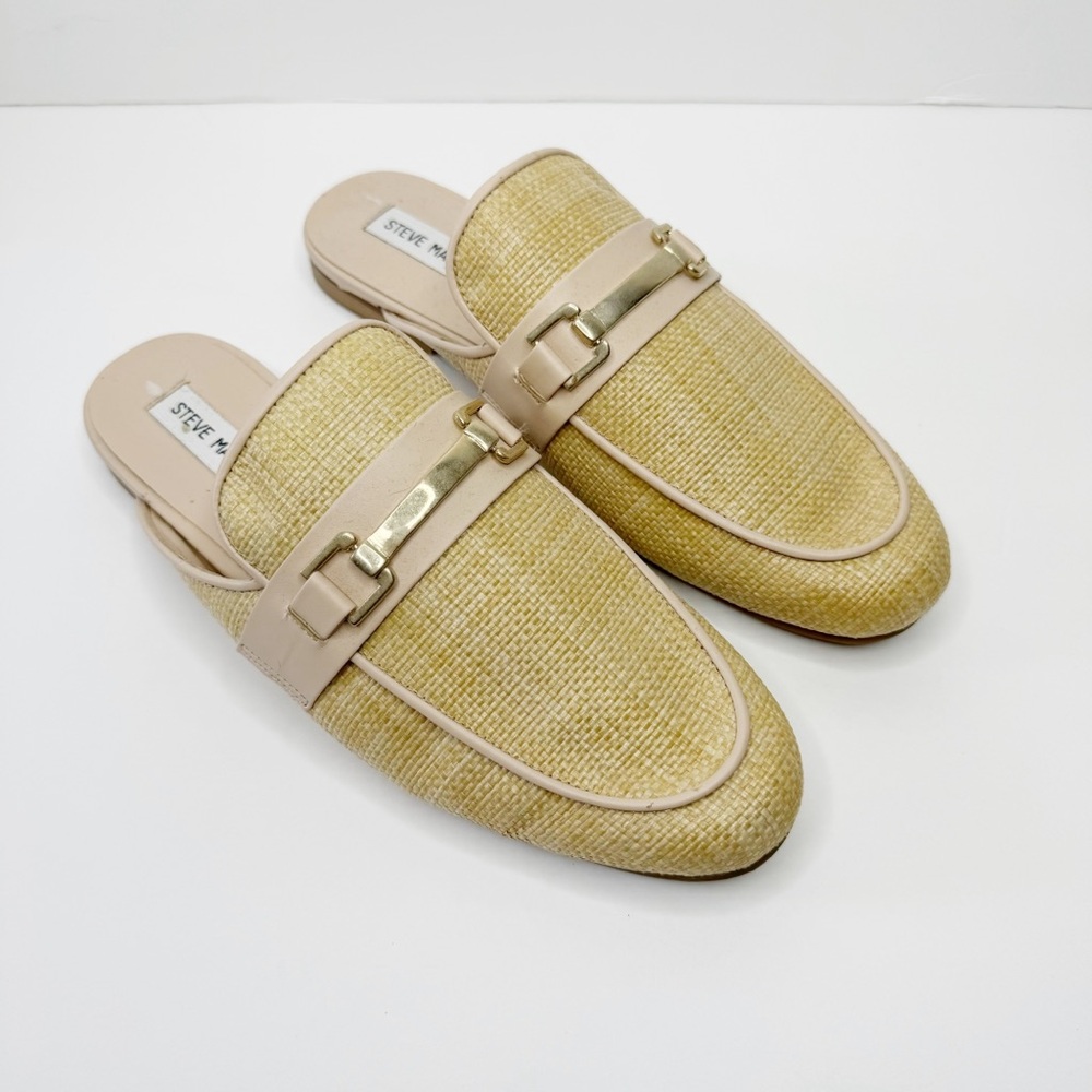 Steve Madden Caleb Mules Horsebit Rafia Natural Tan 10